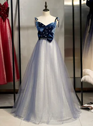 A-Line Blue Tulle Spaghetti Straps Beading Prom Dress 2020