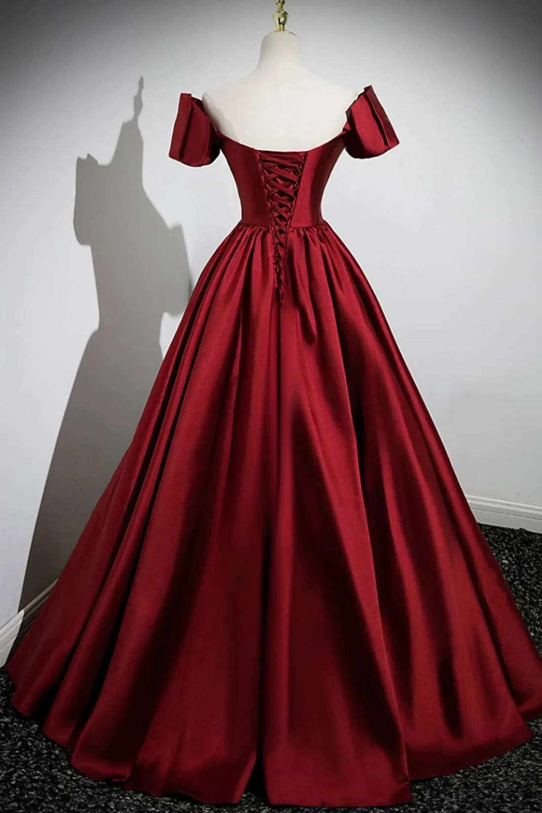 A-Line Burgundy Satin Floor Length Prom Dress, Off the Shoulder New Party Dress