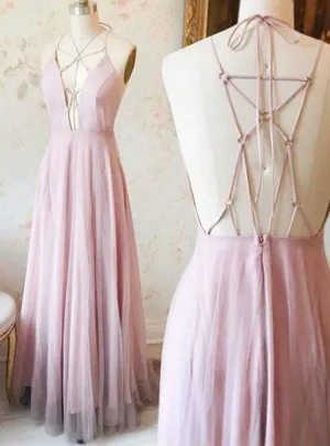 A-line Chiffon Pink Spaghetti Strap Deep V-neck Prom Dresses