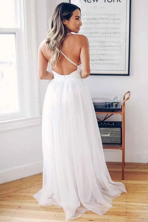 A-Line Deep V-Neck Crisscross Back Sweep Train Wedding Dress WD273