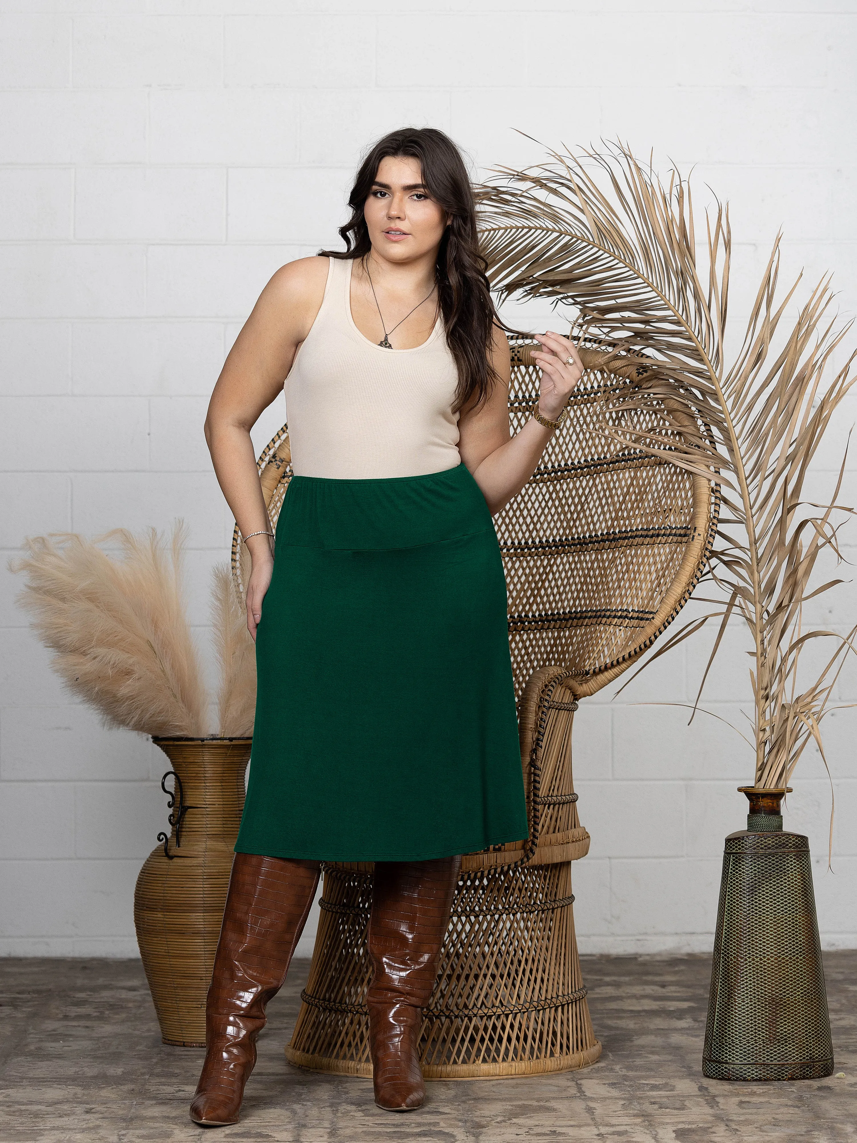 A Line Elastic Waist Knee Length Plus size Skirt