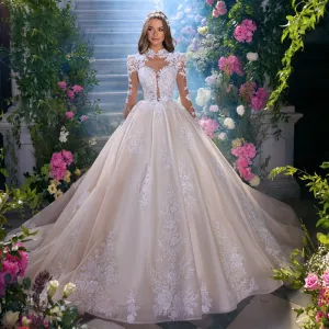 A-Line Elegant Princess Wedding Dresses High Neck Long Sleeve Romantic Bridal Gown