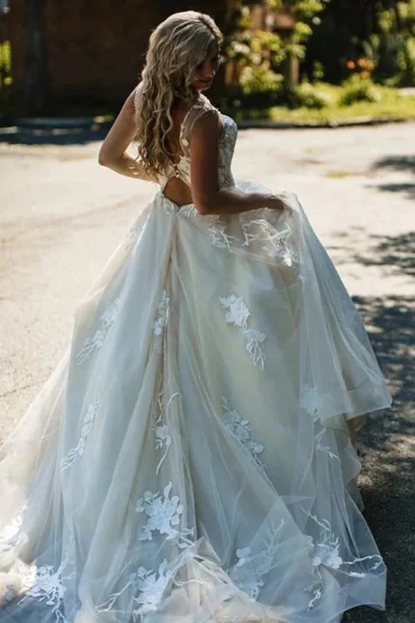 A Line Floral Appliques Beach Wedding Dresses Backless Tulle Wedding Gowns SED360