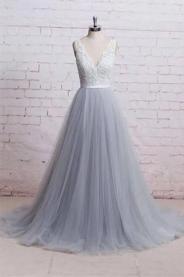 A-line Gray Tulle Lace Wedding Dress Long Formal Dress