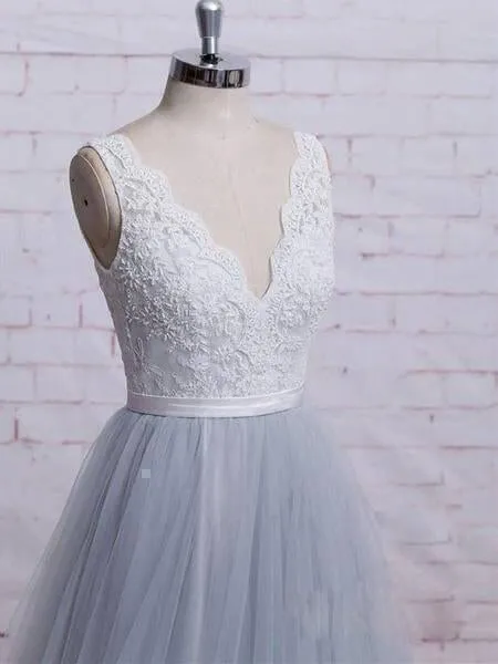 A-line Gray Tulle Lace Wedding Dress Long Formal Dress