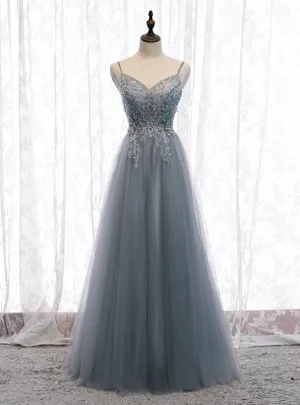 A-Line Gray Tulle Spaghetti Straps Sequins Prom Dress