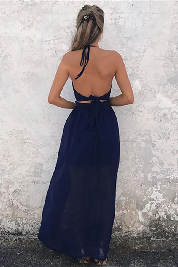 A-Line Halter Floor-Length Backless Navy Blue Chiffon Prom Dress PG382