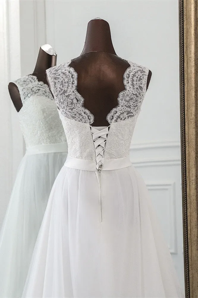 A-Line Jewel Neck Tulle Long Wedding Dress with Lace Appliques