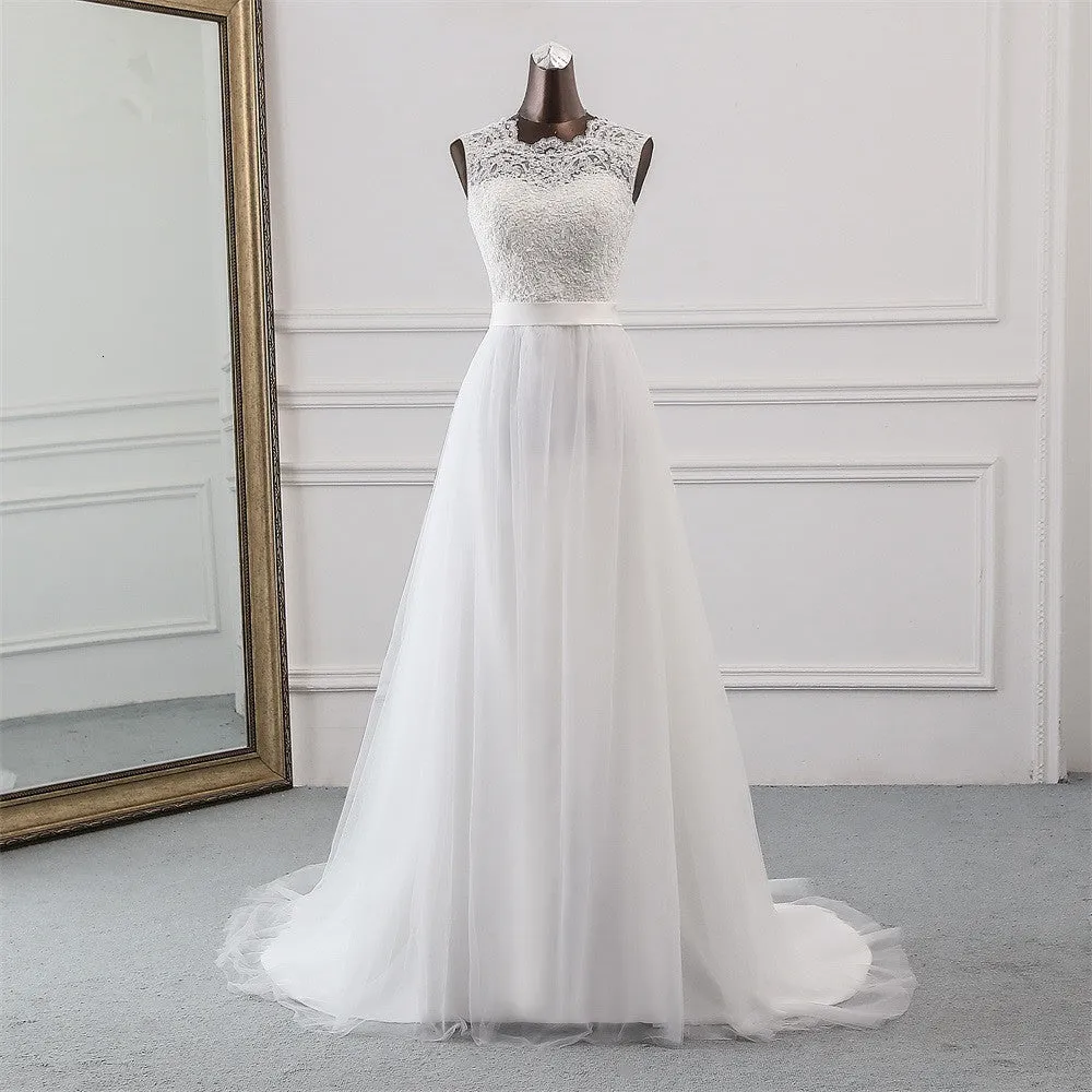 A-Line Jewel Neck Tulle Long Wedding Dress with Lace Appliques