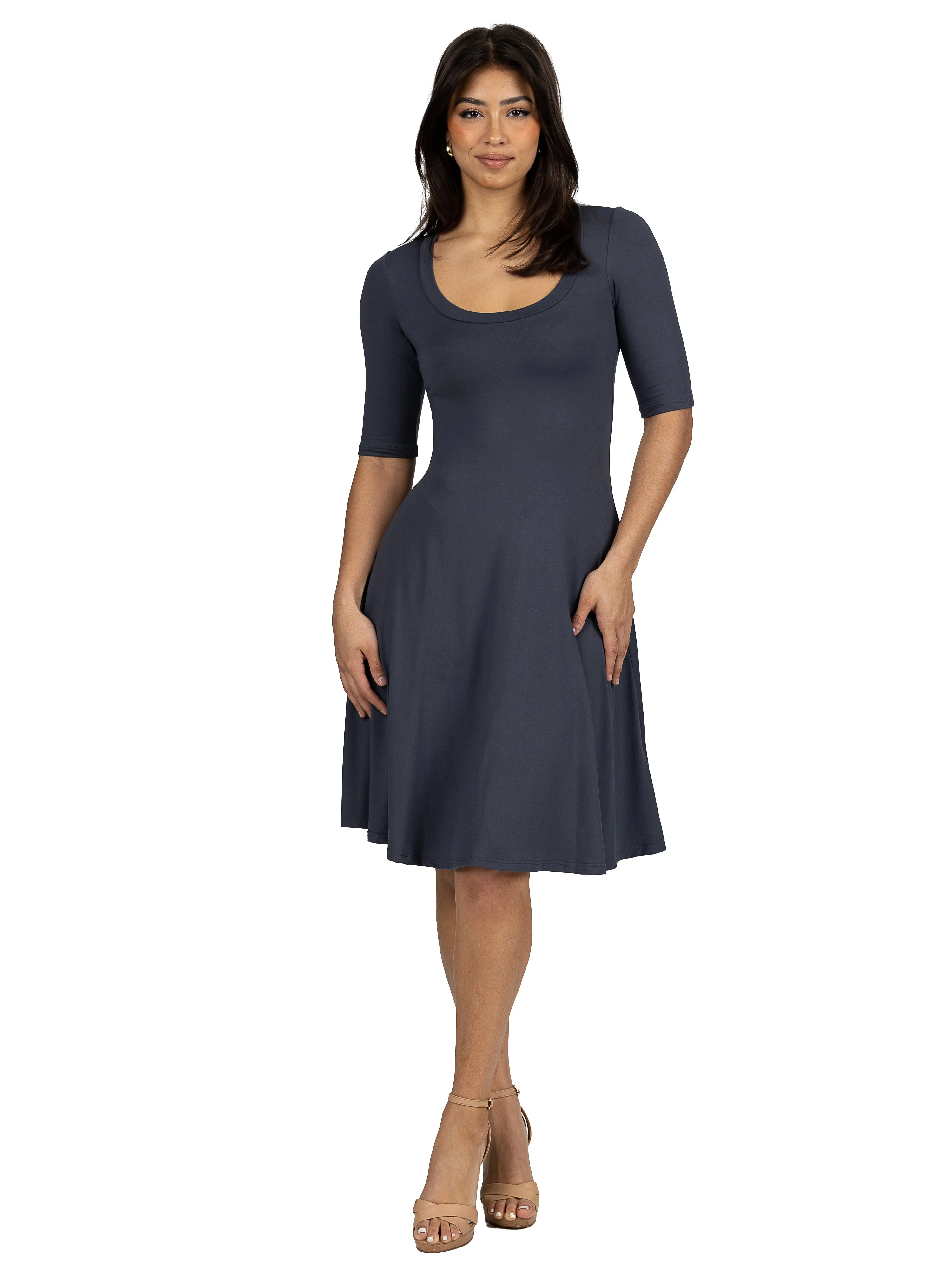 A Line Knee Length Dress with Elbow length Sleeves