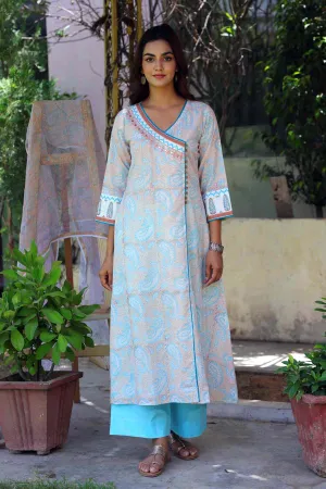 A-Line Kurta In Angrakha Style In hand block print