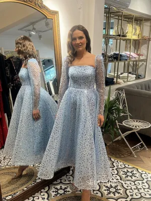 A-line Light Sky Blue Sparkly Long Prom Dresses Sequins Long Sleeve Evening Gowns SEW0852