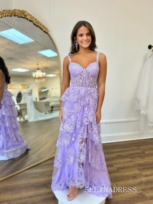 A-line Lilac Layered Lace Long Prom Dress With Slit lpk930