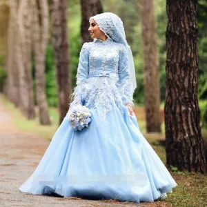 A-Line Long Sleeve Flowers Feathers Bow Long Sleeve Muslim Arabic Wedding Dress