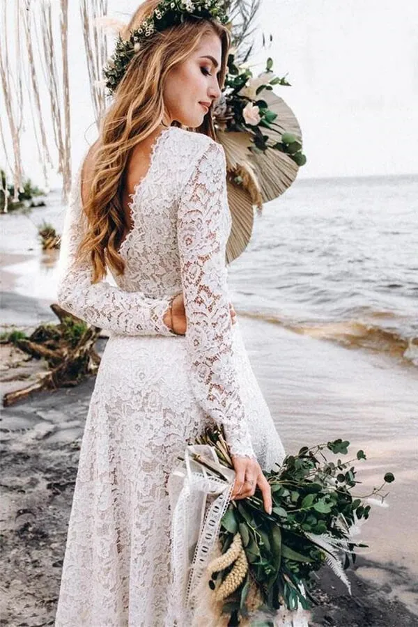 A-Line Long Sleeve Lace Wedding Dress Beach Bridal Gown