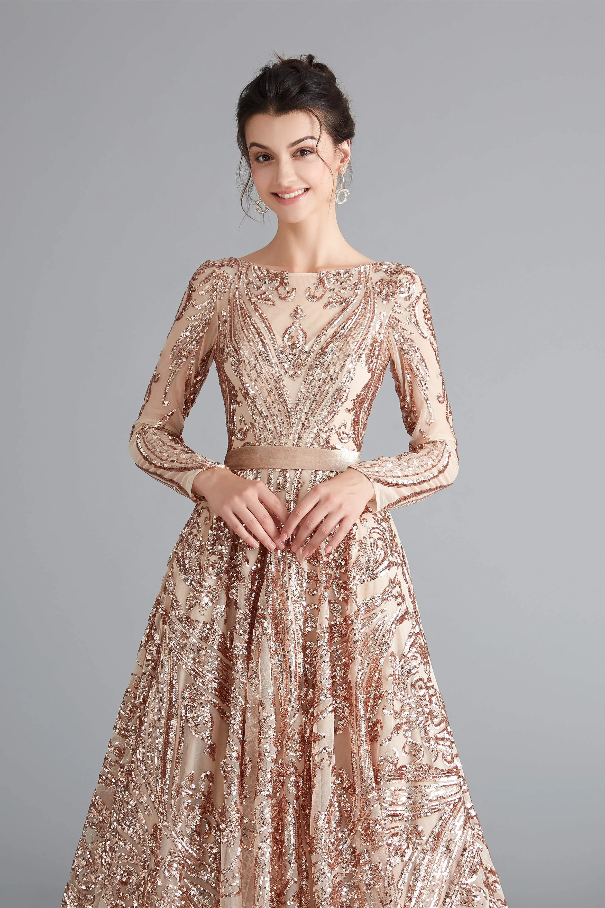 A-Line Luxury Sequins Long Sleeve Backless Prom Dresses