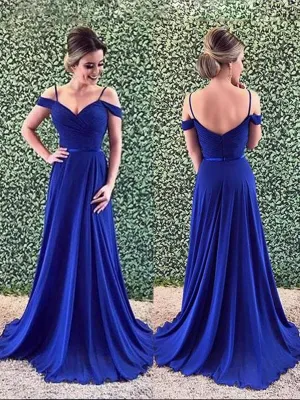 A Line Off Shoulder Backless Royal Blue Long Prom Dresses with Straps, Off Shoulder Royal Blue Formal Dresses, Evening Dresses