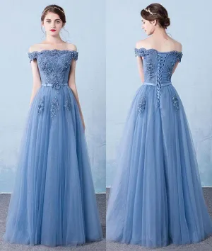 A Line Off Shoulder Lace Appliques Blue Tulle Long Prom Dresses, Blue Lace Formal Dresses, Blue Lace Graduation Dresses