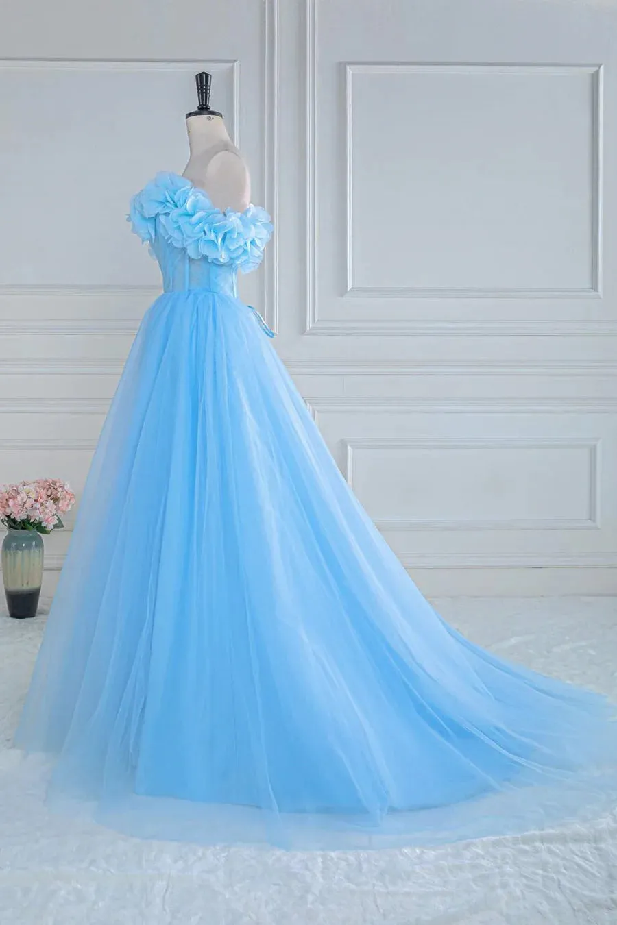 A-line Off-Shoulder Light Blue Flowers Long Prom Dress with Slit lps029