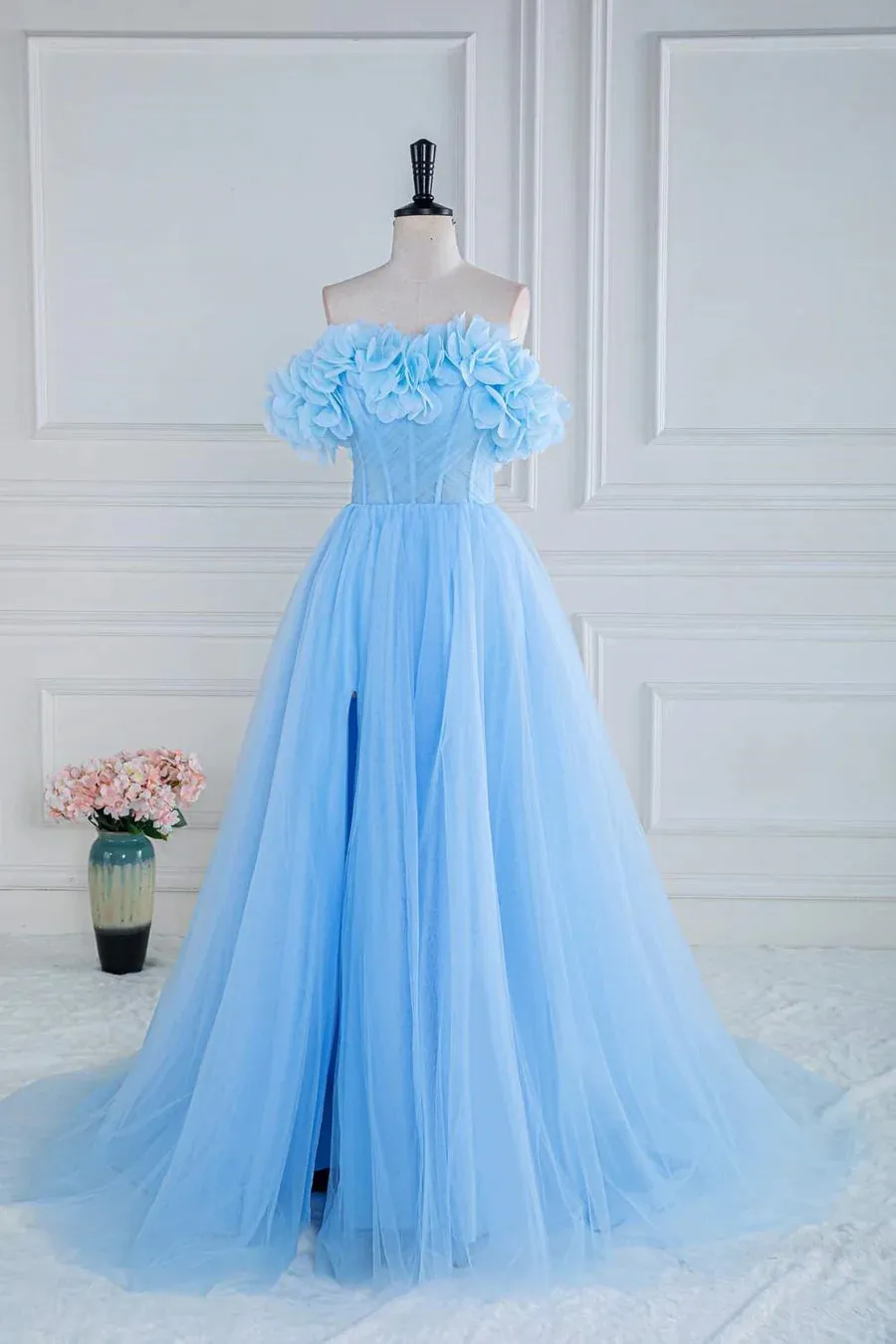 A-line Off-Shoulder Light Blue Flowers Long Prom Dress with Slit lps029