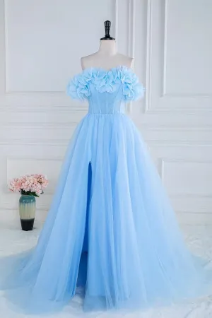 A-line Off-Shoulder Light Blue Flowers Long Prom Dress with Slit lps029