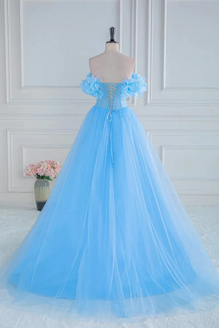 A-line Off-Shoulder Light Blue Flowers Long Prom Dress with Slit lps029