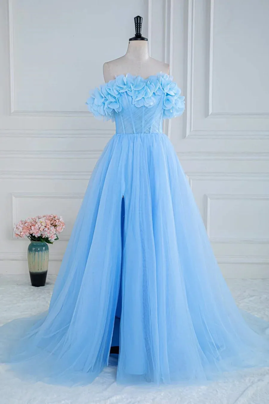 A-line Off-Shoulder Light Blue Flowers Long Prom Dress with Slit lps029