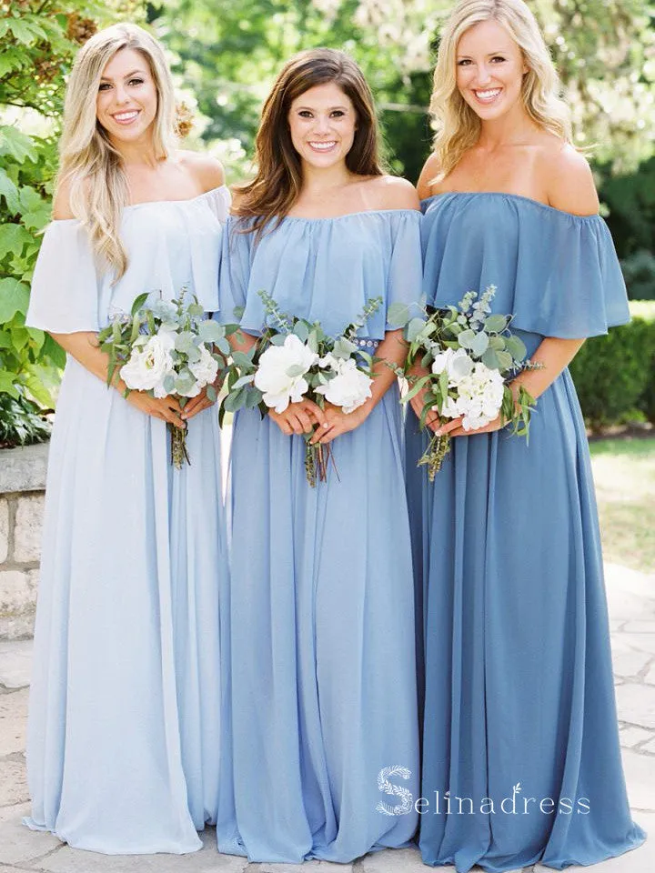 A-line Off-Shoulder Long Bridesmaid Dress Chiffon Cheap Bridesmaid Dress BRD012