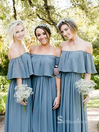 A-line Off-Shoulder Long Bridesmaid Dress Chiffon Cheap Bridesmaid Dress BRD012