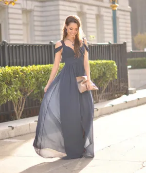 A Line Off Shoulder Navy Blue Long Prom Dresses, Navy Blue Bridesmaid Dresses