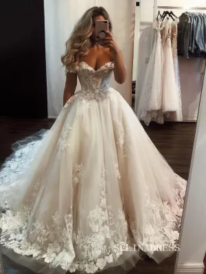 A-line Off-the-shoulder Appliqued Lace Wedding Dress Cheap Rustic Bridal Dresses #KOP091