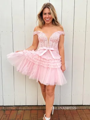 A-line Off-the-shoulder Pink Lace Homecoming Dress Cute Short Prom Dress Cocktail Dresses SEW0855