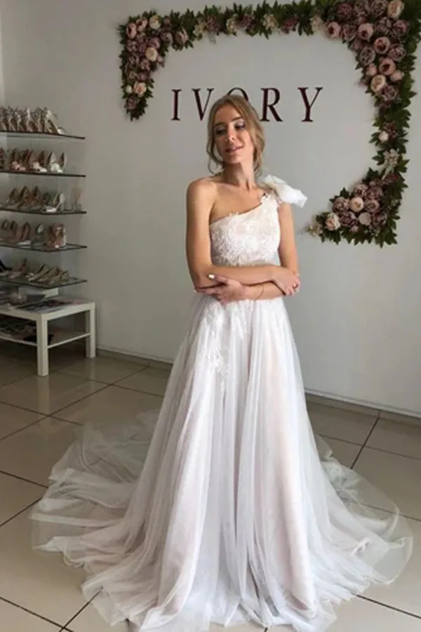 A Line One Shoulder Long Wedding Dress With Lace