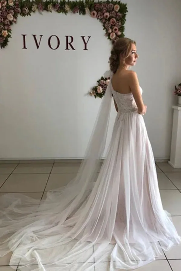 A Line One Shoulder Long Wedding Dress With Lace