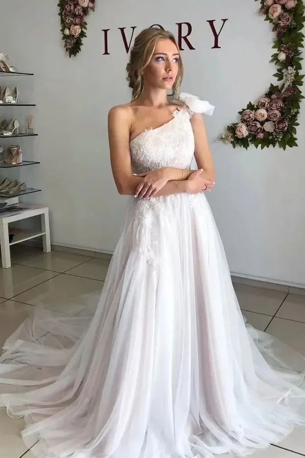 A Line One Shoulder Long Wedding Dress With Lace