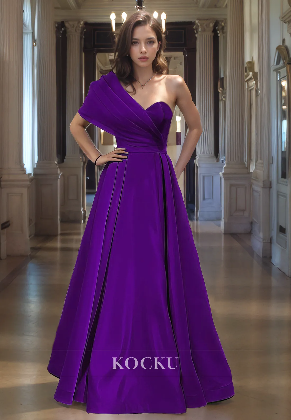 A-Line One Shoulder Prom Dress Sleeveless Satin Long Formal Gown with Pleats