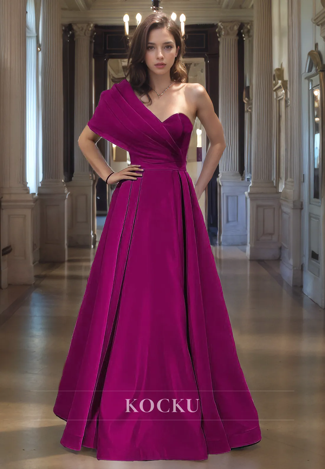 A-Line One Shoulder Prom Dress Sleeveless Satin Long Formal Gown with Pleats