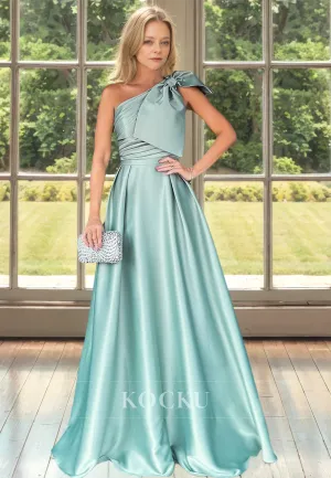 A-Line One Shoulder Sleeveless Floor-Length Pleated Satin Mother of Bride Cocktail Dress with Bow