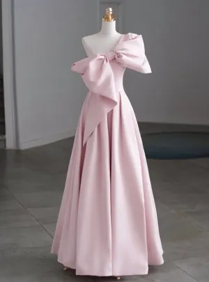 A-Line Pink One Shoulder Bow Prom Dress