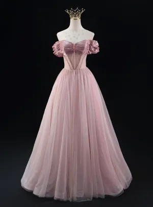 A-line Pink Tulle Off the Shoulder Beading Pleats Prom Dress