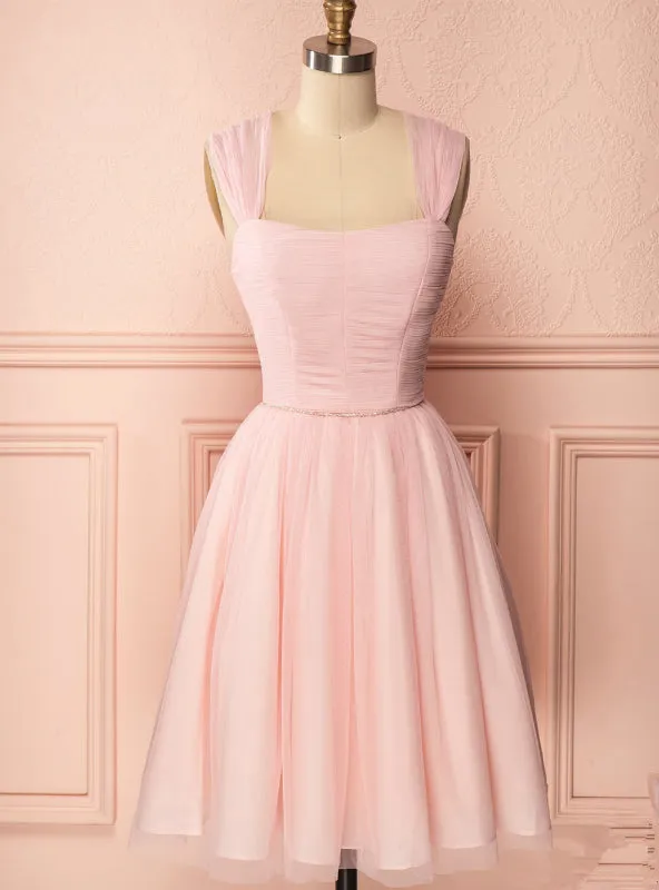 A-Line Pink Tulle Straps Pleats Beading Homecoming Dress