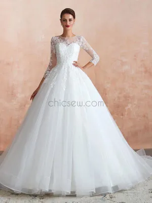 A-line Round Neck Long Sleeves Lace Long Romantic Popular Wedding Dresses LMX1176