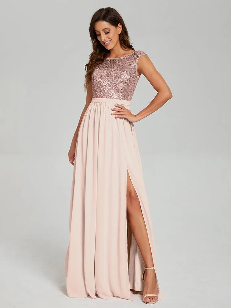 A-Line Round Neck Sequins Prom Dresses With Split