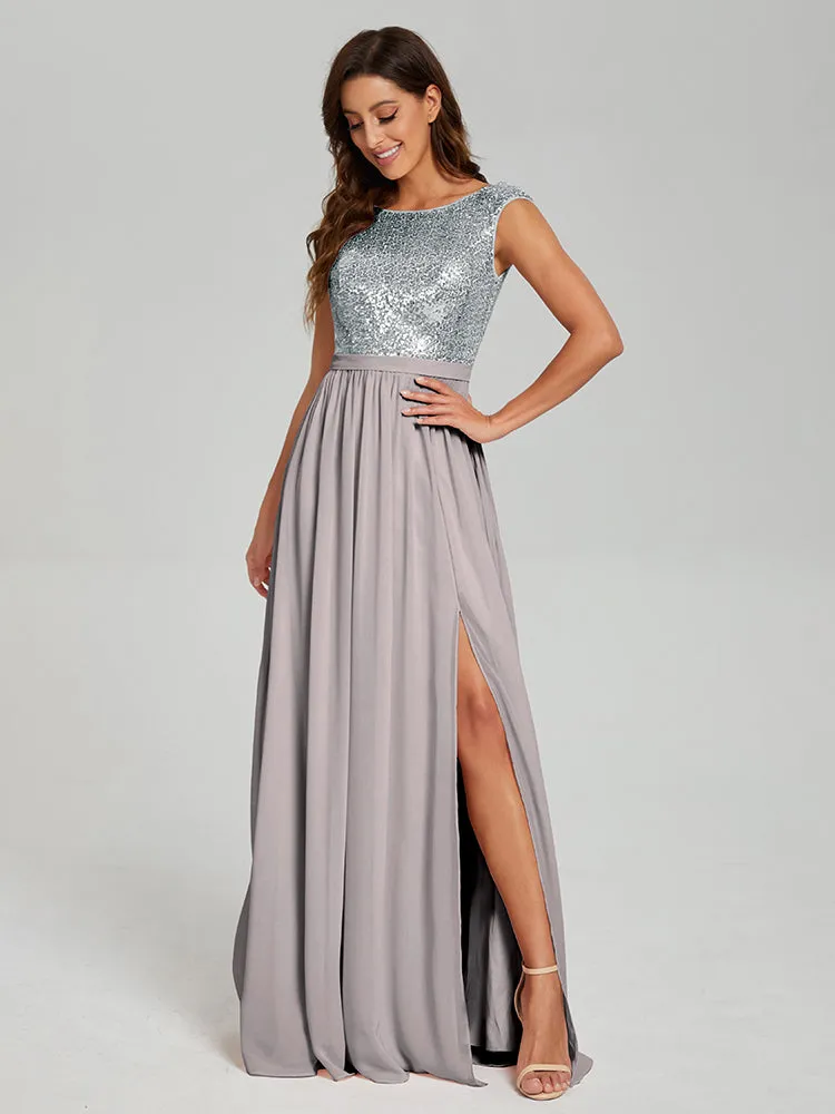 A-Line Round Neck Sequins Prom Dresses With Split