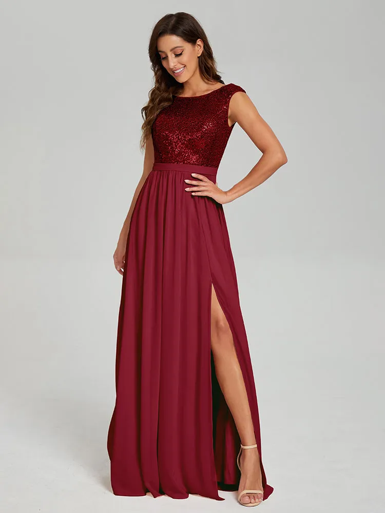 A-Line Round Neck Sequins Prom Dresses With Split