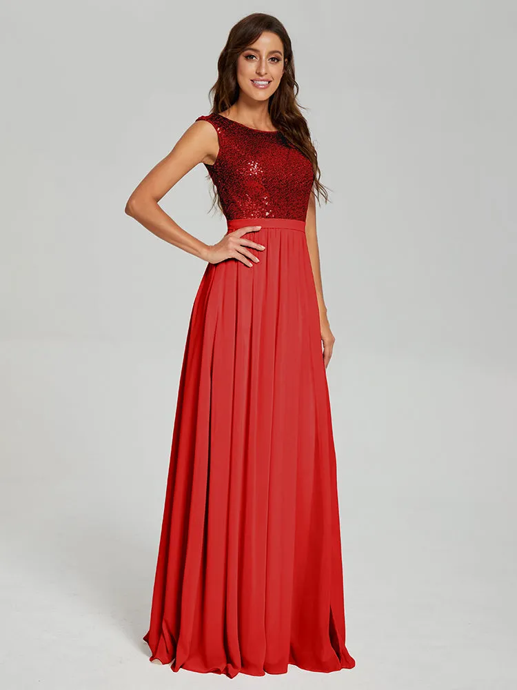 A-Line Round Neck Sequins Prom Dresses With Split