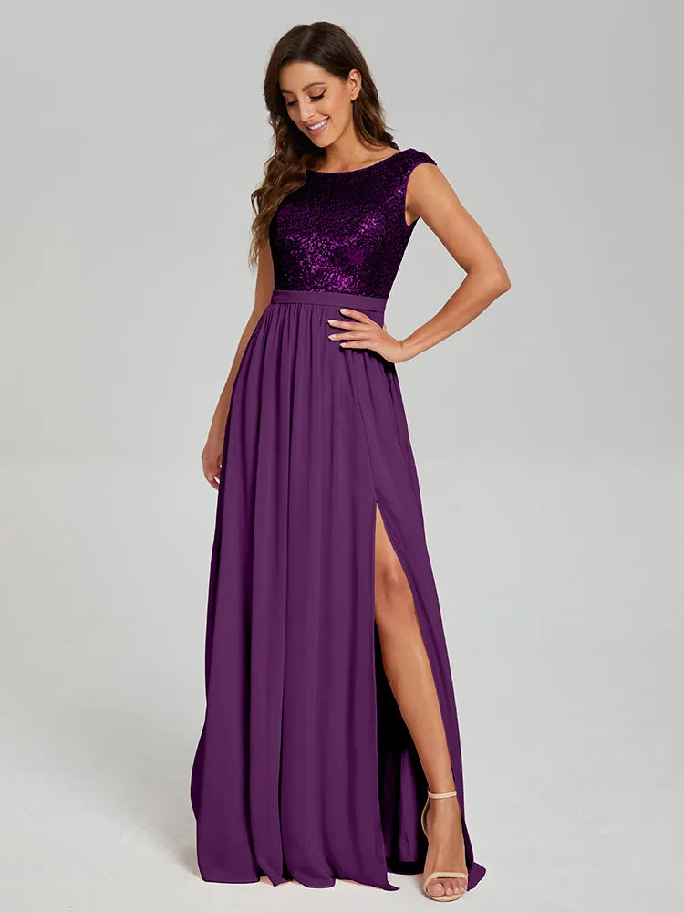 A-Line Round Neck Sequins Prom Dresses With Split