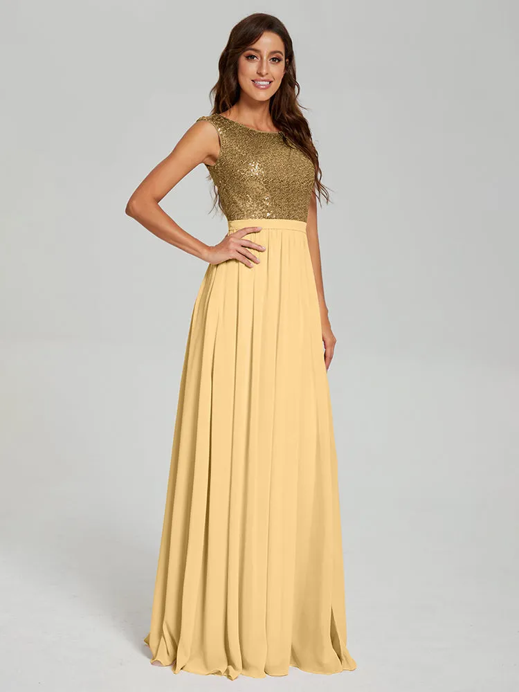 A-Line Round Neck Sequins Prom Dresses With Split