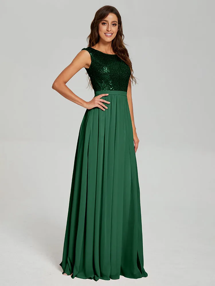 A-Line Round Neck Sequins Prom Dresses With Split