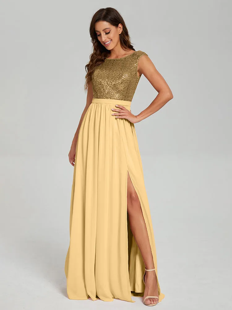 A-Line Round Neck Sequins Prom Dresses With Split